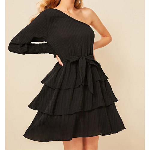 Sexy slanted shoulder irregular ruffled strap cake skirt dress GL6159