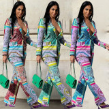 Fashion casual temperament printed stretch fabric trouser suit two-piece suit Y7029