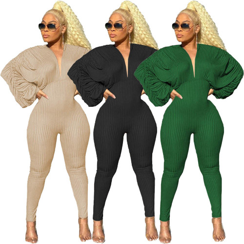 New style for autumn and winter, big hem, pleated loose sleeves, pit striped solid color jumpsuit PQ8665