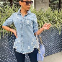 Women's new style ripped mid-length slim denim shirt jacket CJ937