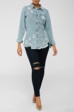 Women's new style ripped mid-length slim denim shirt jacket CJ937