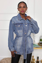 New mid-length denim jacket casual windbreaker women with belt CJ959