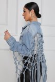New women's denim jacket with mesh back fringe CJ958