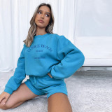 2021 autumn foreign trade women's new style fleece thicker loose embroidered long-sleeved sweater bag hip shorts suit K21S06700