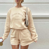 2021 autumn foreign trade women's new style fleece thicker loose embroidered long-sleeved sweater bag hip shorts suit K21S06700