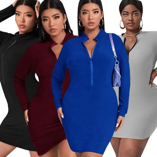 Fat woman plus size European and American casual women's small pit strip solid color zipper dress PH13260