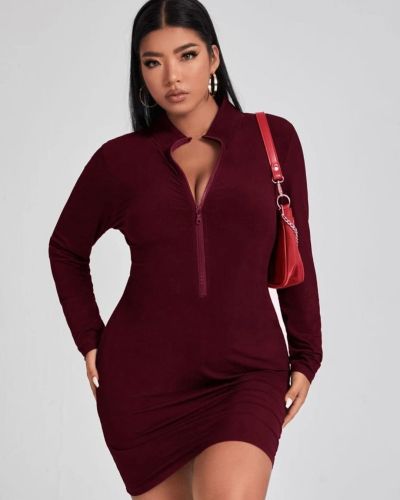 Fat woman plus size European and American casual women's small pit strip solid color zipper dress PH13260