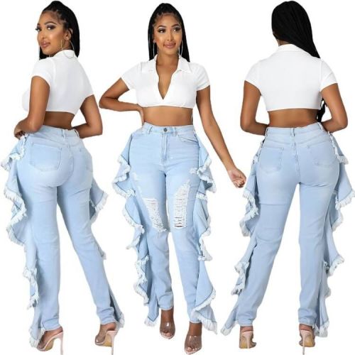 Slim-fit sexy stretch jeans with ruffled fringe and shredded holes A3293