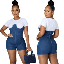 Women's fashion casual high elastic denim two-color stitching jumpsuit with hidden zipper A3291
