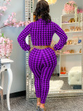 Women's Fashion Casual Sexy Houndstooth Printed Bandage Slim Long Sleeve Trousers Two-Piece Set SM9209