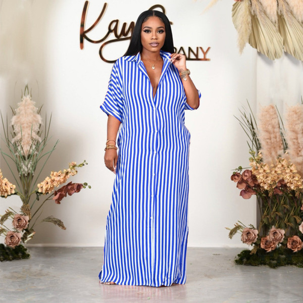 New style long sleeves loose striped shirt long dress HN041