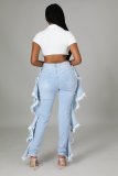 Slim-fit sexy stretch jeans with ruffled fringe and shredded holes A3293