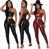 New women's sleeveless breast wrap fashion PU four-way stretch slim sexy suit two-piece suit A3296