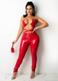 Women's new style PU leather shiny sleeveless halter neck slim sexy jumpsuit leather A3294