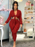 Women's Fashion Casual Sexy Houndstooth Printed Bandage Slim Long Sleeve Trousers Two-Piece Set SM9209