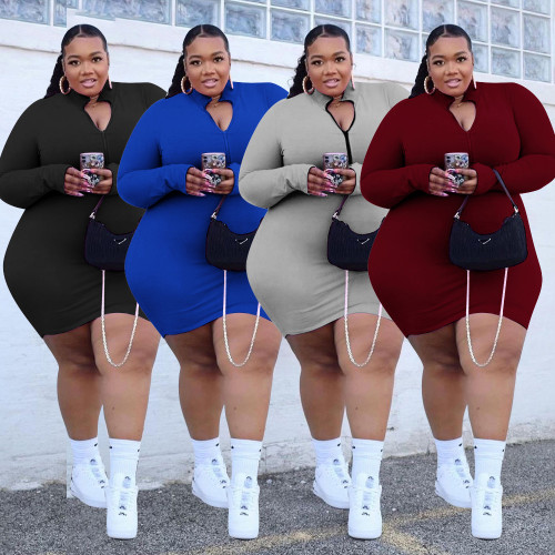 Quality fat lady plus size casual women's small pit strip solid color zipper dress PH13263