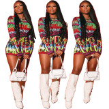 Women's autumn and winter tight-fitting sexy nightclub colorful printed letters tight-fitting casual dress A0975