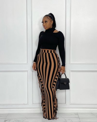 Fashion striped high waist fringed all-match casual skirt A5086-0