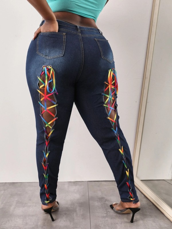 Autumn and winter plus size women's sexy lace-up denim pants CH0930