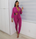 Women's solid color bandage fashion sexy casual suit two-piece suit OM1818