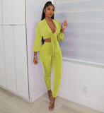 Women's solid color bandage fashion sexy casual suit two-piece suit OM1818