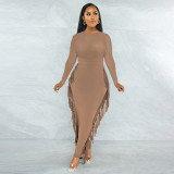 Autumn and winter fashion solid color fringed pullover long dress BC3046