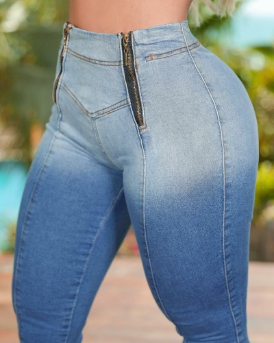 Fashion new all-match slim sexy elastic gradient denim trousers JLX6919