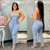 Casual fashion slim backless bandage denim jumpsuit JLX6060