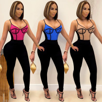Fashion stitching contrast color women's sexy suspender trousers jumpsuit C5350