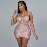 Fashion sexy strapless tube top halter sequin perspective dress CY9257