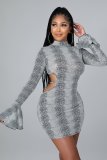 Women's autumn and winter style ruffled cuffs python print strappy open back sexy dress W9319