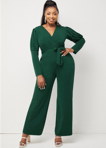Autumn and winter solid color V-neck puff sleeves personality casual wide-leg jumpsuit W9322