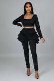 Women's autumn and winter sweet and fresh square neck long-sleeved ruffled trousers two-piece suit D943