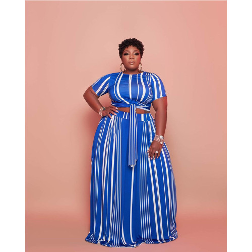 Plus size women's striped printed skirt two-piece suit with straps plus size skirt suit GT9944