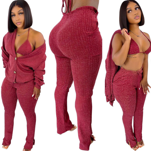Large size women's solid color pit strip cotton three-piece fashion suit H1756
