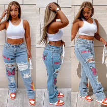 Women's digital positioning printing ripped fashionable sexy jeans women SZ1011