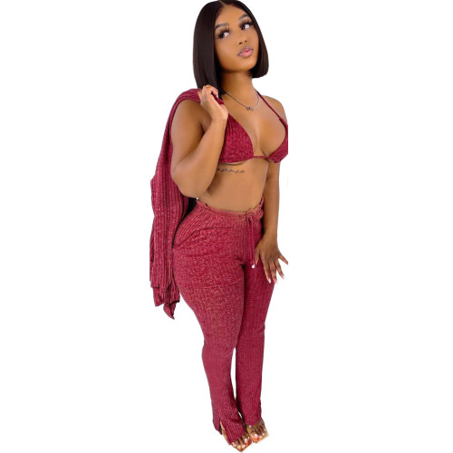 Large size women's solid color pit strip cotton three-piece fashion suit H1756