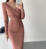 Korean chic elegant and light familiar style cross folds v-neck exposed clavicle design slim slimming buttocks dress female D627988817365