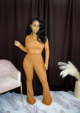 Pit striped cotton solid color long-sleeved sexy cropped leisure sports flared pants suit Q5265