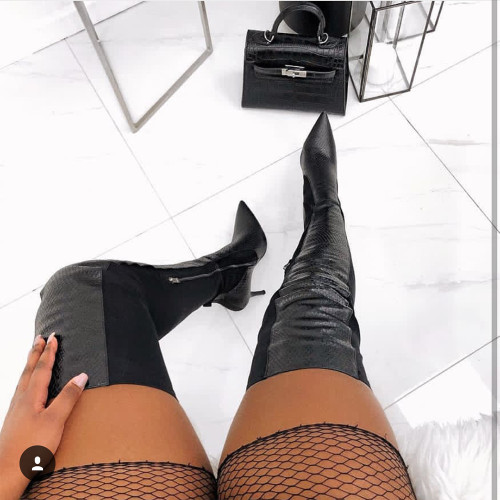 Large size black imitation leather half zipper pointed high heel boots women's boots high boots long boots S631680502010