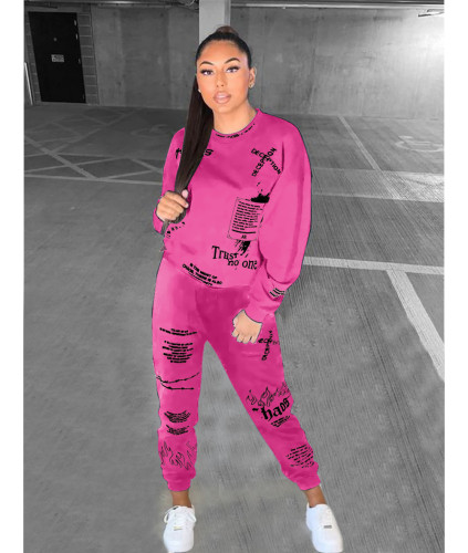 Ladies' Two-piece Sweater Set with Letters Graffiti Print MN8325