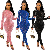 Women's hollow sexy flocking mesh stitching zipper long-sleeved round neck jumpsuit women S390226