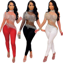 Fashion sexy net yarn perspective hot drilling trousers long-sleeved jumpsuit women S390212