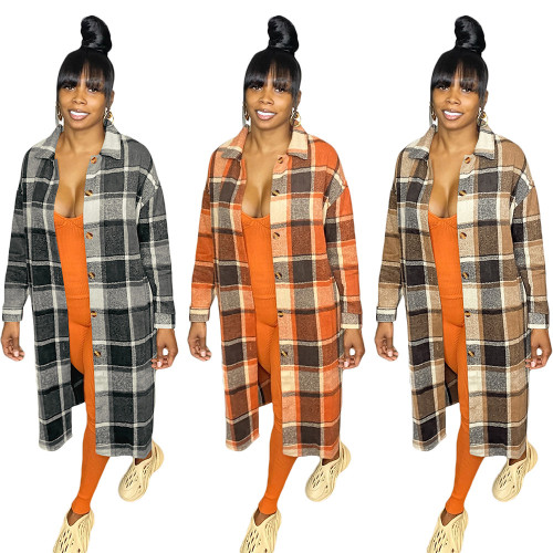 Women's mid-length casual fashion European and American classic plaid single-breasted woolen coat women S390225