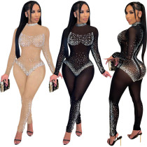 Fashion sexy net yarn perspective hot drilling trousers long-sleeved jumpsuit women S390218