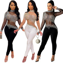 Fashion sexy net yarn perspective hot drilling trousers long-sleeved jumpsuit women S390220
