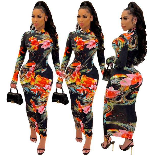 Autumn and winter new women's fashion tie-dye positioning printing long-sleeved dress Z60088