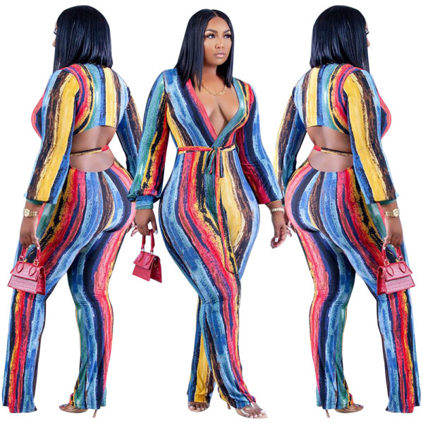 Ladies' Fall/Winter 2021 New Lantern Sleeve Sexy V-neck Painted Printed Jumpsuit With Belt H8949