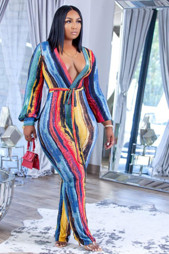 Ladies' Fall/Winter 2021 New Lantern Sleeve Sexy V-neck Painted Printed Jumpsuit With Belt H8949