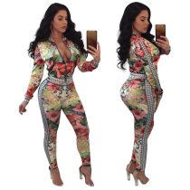 New autumn printing large size zipper single row collar two-piece suit SD1087
